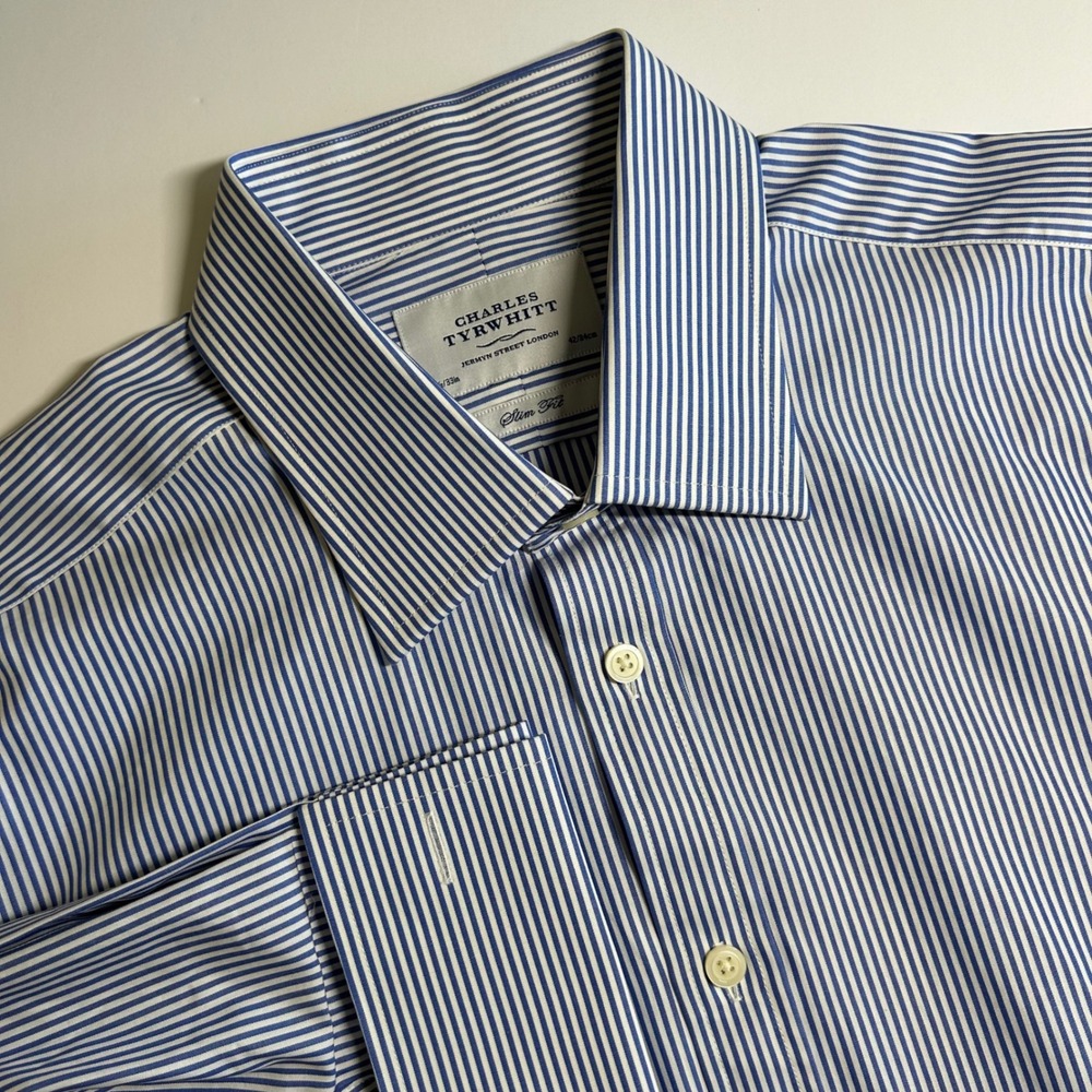 Charles Tyrwhitt Mens 16.5/33 Slim Fit Blue White Striped French Cuff Shirt